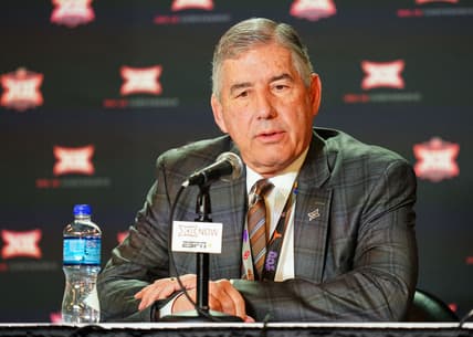 Mar 12, 2020; Kansas City, Missouri, USA; Big 12 commissioner Bob Bowlsby announces to media that Big 12 Tournament games are canceled at Sprint Center. Mandatory Credit: Jay Biggerstaff-USA TODAY Sports