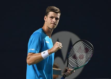 Aug 12, 2021; Toronto, Ontario, Canada;  Hubert Hurkacz of Poland reacts after winning a game against Nikoloz Basilashvili of Georgia during fourth round play in the National Bank Open at Aviva Centre. Mandatory Credit: Dan Hamilton-USA TODAY Sports