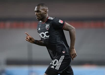 Aug 31, 2022; Harrison, New Jersey, USA; D.C. United forward Christian Benteke (20) takes the field after being subbed in during the second half against New York City FC at Red Bull Arena. Mandatory Credit: Vincent Carchietta-USA TODAY Sports