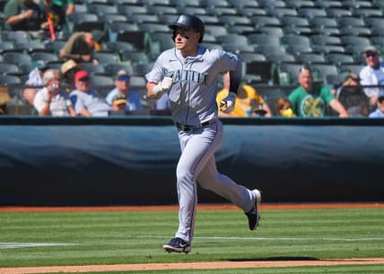 Sep 22, 2022; Oakland, California, USA; Seattle Mariners center fielder Jarred Kelenic (10) rounds the bases on a solo home run against the Oakland Athletics during the third inning at RingCentral Coliseum. Mandatory Credit: Kelley L Cox-USA TODAY Sports