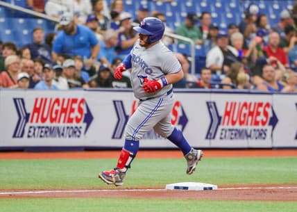 Sep 25, 2022; St. Petersburg, Florida, USA; Toronto Blue Jays catcher Alejandro Kirk (30) rounds third base after hitting a home run during the first inning against the Tampa Bay Rays at Tropicana Field. Mandatory Credit: Mike Watters-USA TODAY Sports