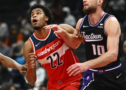 Feb 12, 2022; Washington, District of Columbia, USA; Washington Wizards center Vernon Carey Jr. (22) blocks out against the Sacramento Kings during the second half at Capital One Arena. Mandatory Credit: Brad Mills-USA TODAY Sports