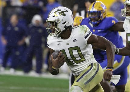 Oct 1, 2022; Pittsburgh, Pennsylvania, USA;  Georgia Tech Yellow Jackets quarterback Jeff Sims (10) runs the ball against the Pittsburgh Panthers during the first quarter at Acrisure Stadium. Mandatory Credit: Charles LeClaire-USA TODAY Sports
