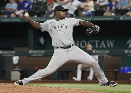 Oct 3, 2022; Arlington, Texas, USA; New York Yankees starting pitcher Luis Severino (40) delivers a pitch to the Texas Rangers during the seventh inning at Globe Life Field. The Yankees won 3-1. Mandatory Credit: Jim Cowsert-USA TODAY Sports