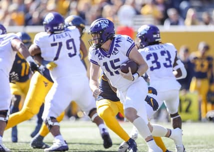 Oct 29, 2022; Morgantown, West Virginia, USA; TCU Horned Frogs quarterback Max Duggan (15) runs the ball during the first quarter against the West Virginia Mountaineers at Mountaineer Field at Milan Puskar Stadium. Mandatory Credit: Ben Queen-USA TODAY Sports