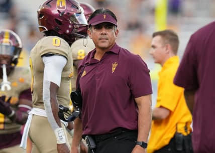 Oct 8, 2022; Tempe, Arizona, USA; Arizona State interim head coach  Shaun Aguano walks the sidelines as his team plays the Washington Huskies at Sun Devil Stadium on Saturday.

Football Asu Wash Fb Washington At Asu