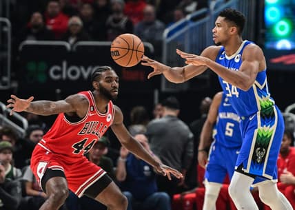Nov 23, 2022; Milwaukee, Wisconsin, USA; Milwaukee Bucks forward Giannis Antetokounmpo (34) gets a pass away from Chicago Bulls forward Patrick Williams (44) in the first quarter at Fiserv Forum. Mandatory Credit: Benny Sieu-USA TODAY Sports
