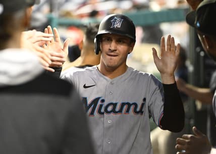 Sep 16, 2022; Washington, District of Columbia, USA; Miami Marlins center fielder JJ Bleday (67) is congratulated by teammates after scoring a run against the Washington Nationals during the second inning at Nationals Park. Mandatory Credit: Brad Mills-USA TODAY Sports