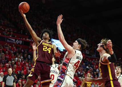 Feb 1, 2023; Piscataway, New Jersey, USA; Minnesota Golden Gophers forward Jaden Henley (24) moves to the basket as Rutgers Scarlet Knights guard Paul Mulcahy (4) defends during the first half at Jersey Mike's Arena. Mandatory Credit: Vincent Carchietta-USA TODAY Sports