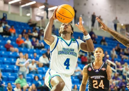 Mar 8, 2023; Lake Charles, LA, USA; Texas A&M-Corpus Christi Islanders guard Jalen Jackson (4) drives to the basket against the Northwestern State Demons during the Southland Basketball Championships at the Legacy Center. Mandatory Credit: Scott Clause-USA TODAY Sports