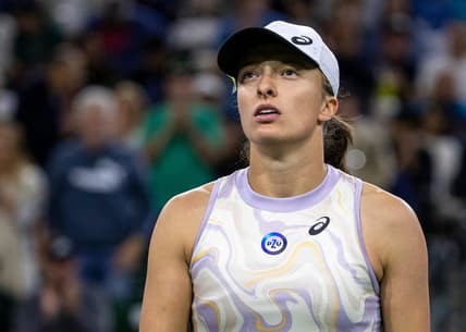 Iga Swiatek of Poland looks up to the chair umpire after losing to Elena Rybakina of Kazakhstan in their semifinal match at the BNP Paribas Open at the Indian Wells Tennis Garden in Indian Wells, Calif., Friday, March 17, 2023.