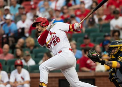 May 17, 2023; St. Louis, Missouri, USA; St. Louis Cardinals third baseman Nolan Arenado (28) gets an RBI-single in the first inning at Busch Stadium. Mandatory Credit: Paul Halfacre-USA TODAY Sports