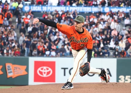 May 19, 2023; San Francisco, California, USA; San Francisco Giants starting pitcher Anthony DeSclafani (26) pitches the ball against the Miami Marlins during the first inning at Oracle Park. Mandatory Credit: Kelley L Cox-USA TODAY Sports