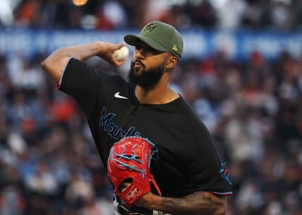 May 19, 2023; San Francisco, California, USA; Miami Marlins starting pitcher Sandy Alcantara (22) pitches the ball against the San Francisco Giants during the second inning at Oracle Park. Mandatory Credit: Kelley L Cox-USA TODAY Sports