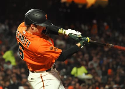 May 19, 2023; San Francisco, California, USA; San Francisco Giants third baseman Casey Schmitt (6) hits an RBI single against the Miami Marlins during the sixth inning at Oracle Park. Mandatory Credit: Kelley L Cox-USA TODAY Sports