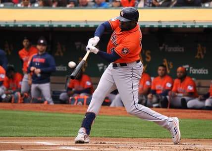 May 28, 2023; Oakland, California, USA; Houston Astros designated hitter Yordan Alvarez (44) hits a solo home run against the Oakland Athletics during the first inning at Oakland-Alameda County Coliseum. Mandatory Credit: Kelley L Cox-USA TODAY Sports