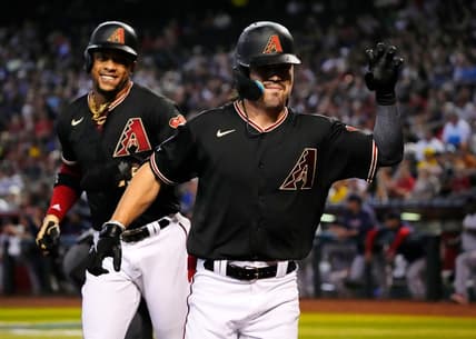May 28, 2023; Phoenix, AZ, USA; Arizona Diamondbacks Corbin Carroll (7) reacts after hitting a two-run home run against the Boston Red Sox in the first inning at Chase Field. Mandatory Credit: Rob Schumacher-Arizona Republic