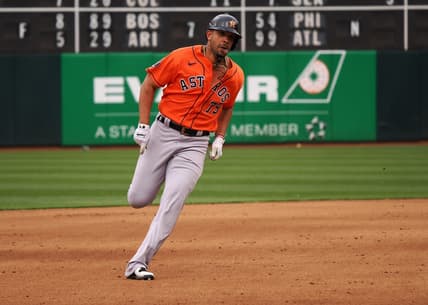 May 28, 2023; Oakland, California, USA; Houston Astros first baseman Jose Abreu (79) runs the bases on a solo home run against the Oakland Athletics during the eighth inning at Oakland-Alameda County Coliseum. Mandatory Credit: Kelley L Cox-USA TODAY Sports