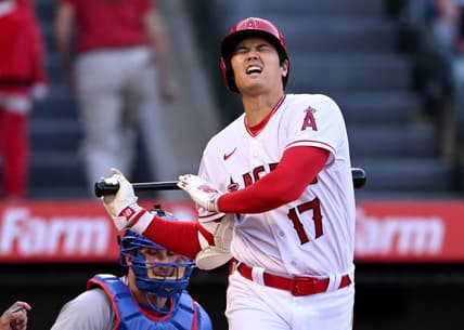 Jun 8, 2023; Anaheim, California, USA;  Los Angeles Angels designated hitter Shohei Ohtani (17)  reacts after fouling off a ball in the first inning against the Chicago Cubs at Angel Stadium. Mandatory Credit: Jayne Kamin-Oncea-USA TODAY Sports