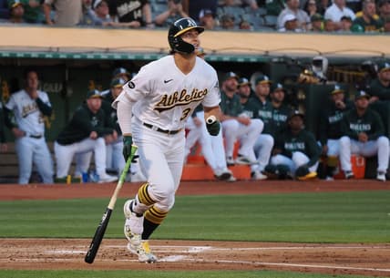 Jul 14, 2023; Oakland, California, USA; Oakland Athletics designated hitter Tyler Soderstrom (37) watches the ball as he fouls out against the Minnesota Twins during the first inning at Oakland-Alameda County Coliseum. Mandatory Credit: Kelley L Cox-USA TODAY Sports