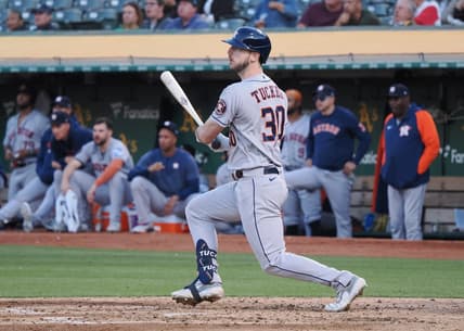 Jul 20, 2023; Oakland, California, USA; Houston Astros right fielder Kyle Tucker (30) hits a two-run double against the Oakland Athletics during the sixth inning at Oakland-Alameda County Coliseum. Mandatory Credit: Kelley L Cox-USA TODAY Sports