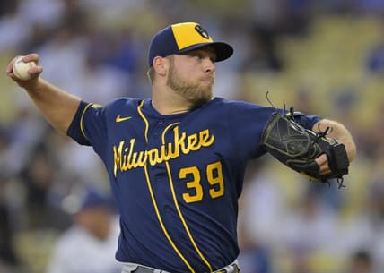 Aug 17, 2023; Los Angeles, California, USA;  Milwaukee Brewers starting pitcher Corbin Burnes (39) throws to the plate in the first inning against the Los Angeles Dodgers at Dodger Stadium. Mandatory Credit: Jayne Kamin-Oncea-USA TODAY Sports
