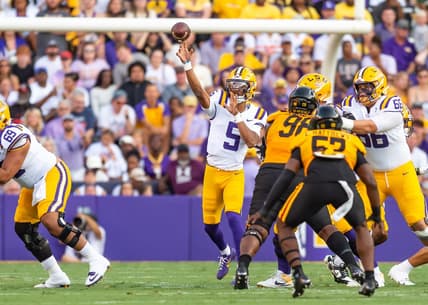 Tigers Quarterback Jayden Daniels 5 throws a pass as the LSU Tigers take on Grambling State at Tiger Stadium in Baton Rouge, Louisiana, Saturday, Sept. 9, 2023.