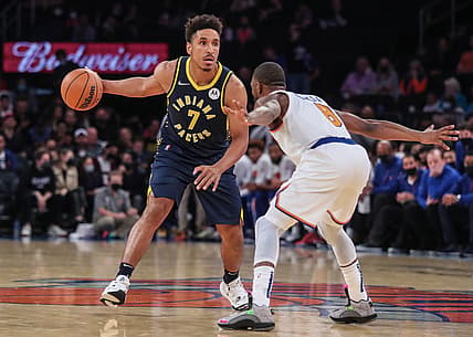 Oct 5, 2021; New York, New York, USA;  Indiana Pacers guard Malcolm Brogdon (7) at Madison Square Garden. Mandatory Credit: Wendell Cruz-USA TODAY Sports