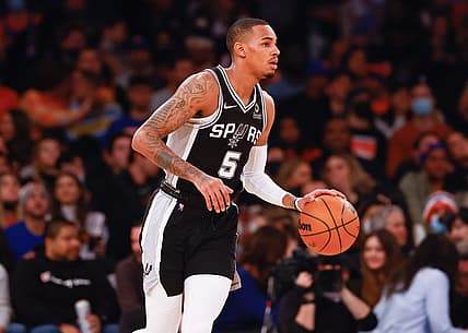 Jan 10, 2022; New York, New York, USA; San Antonio Spurs guard Dejounte Murray (5) dribbles up court against the New York Knicks during the first half at Madison Square Garden. Mandatory Credit: Vincent Carchietta-USA TODAY Sports