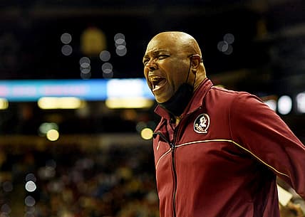 Feb 5, 2022; Tallahassee, Florida, USA; Florida State Seminoles head coach Leonard Hamilton reacts to a call by the ref during the game against the Wake Forest Deamon Deacons at Donald L. Tucker Center. Mandatory Credit: Melina Myers-USA TODAY Sports