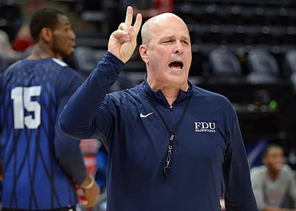 March 20, 2019; Salt Lake City, UT, USA; Fairleigh Dickinson Knights head coach Greg Herenda during practice before the first round of the 2019 NCAA Tournament at Vivint Smart Home Arena. Mandatory Credit: Gary A. Vasquez-USA TODAY Sports