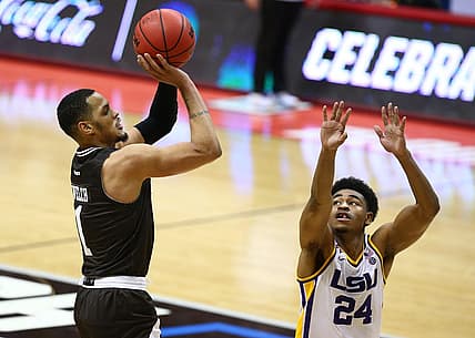 Mar 20, 2021; Bloomington, Indiana, USA; St. Bonaventure Bonnies guard Dominick Welch (1) shoots against Louisiana State Tigers guard Cameron Thomas (24) during the second half in the first round of the 2021 NCAA Tournament at Simon Skjodt Assembly Hall. Mandatory Credit: Jordan Prather-USA TODAY Sports