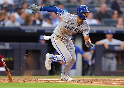Jul 28, 2022; Bronx, New York, USA; Kansas City Royals catcher MJ Melendez (1) doubles during the third inning against the New York Yankees at Yankee Stadium. Mandatory Credit: Vincent Carchietta-USA TODAY Sports