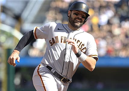 Jun 18, 2022; Pittsburgh, Pennsylvania, USA;  San Francisco Giants catcher Curt Casali (2) runs the bases on his way to scoring a run against the Pittsburgh Pirates during the third inning at PNC Park. Mandatory Credit: Charles LeClaire-USA TODAY Sports
