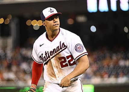 Aug 1, 2022; Washington, District of Columbia, USA; Washington Nationals right fielder Juan Soto (22) on the field during the fifth inning against the New York Mets at Nationals Park. Mandatory Credit: Brad Mills-USA TODAY Sports