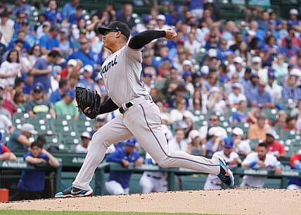 Aug 7, 2022; Chicago, Illinois, USA; Miami Marlins starting pitcher Jesus Luzardo (44) throws the ball against the Chicago Cubs during the second inning at Wrigley Field. Mandatory Credit: David Banks-USA TODAY Sports