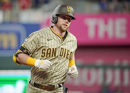 Aug 26, 2022; Kansas City, Missouri, USA; San Diego Padres second baseman Jake Cronenworth (9) rounds the bases after hitting a solo home run against the Kansas City Royals in the third inning at Kauffman Stadium. Mandatory Credit: Denny Medley-USA TODAY Sports