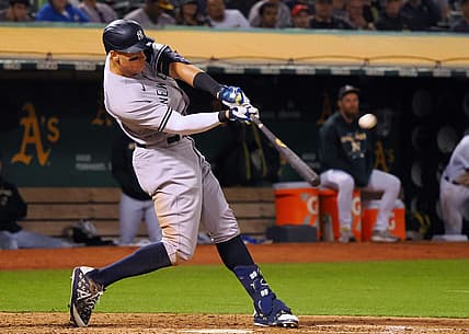 Aug 26, 2022; Oakland, California, USA; New York Yankees center fielder Aaron Judge (99) hits a three-run home run against the Oakland Athletics during the fifth inning at RingCentral Coliseum. Mandatory Credit: Kelley L Cox-USA TODAY Sports