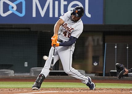 Aug 28, 2022; Arlington, Texas, USA; Detroit Tigers third baseman Jeimer Candelario (46) connects for a two-run home run against the Texas Rangers during the second inning at Globe Life Field. Mandatory Credit: Jim Cowsert-USA TODAY Sports