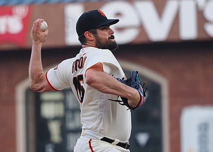 Aug 29, 2022; San Francisco, California, USA; San Francisco Giants starting pitcher Carlos Rodon (16) pitches the ball against the San Diego Padres during the first inning at Oracle Park. Mandatory Credit: Kelley L Cox-USA TODAY Sports