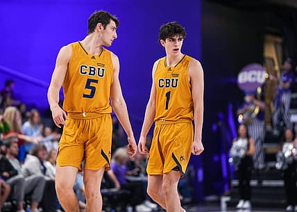 California Baptist Lancers guard Reed Nottage (5), left, and California Baptist Lancers guard Taran Armstrong (1), right, talk as their team is down during the closing minutes of the second half against the California Baptist Lancers at GCU Arena on Saturday, Feb. 5, 2022, in Phoenix. The Antelopes beat the Lancers 56 to 50.

Uscp 7jlmeqhx4qakeos9yge Original
