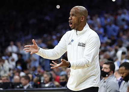 Mar 27, 2022; Philadelphia, PA, USA; St. Peter's Peacocks head coach Shaheen Holloway during a game against the North Carolina Tar Heels in the finals of the East regional of the men's college basketball NCAA Tournament at Wells Fargo Center. Mandatory Credit: Bill Streicher-USA TODAY Sports