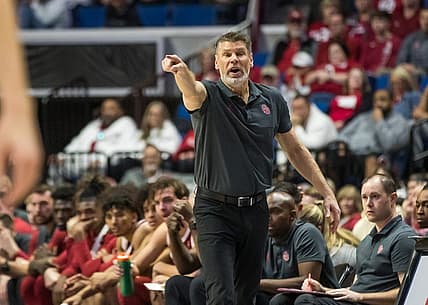 Dec 10, 2022; Tulsa, Oklahoma, USA;  Oklahoma Sooners head coach Porter Moser yells towards his players on the court during the first half against the Arkansas Razorbacks at BOK Center. Arkansas won 88-78. Mandatory Credit: Brett Rojo-USA TODAY Sports