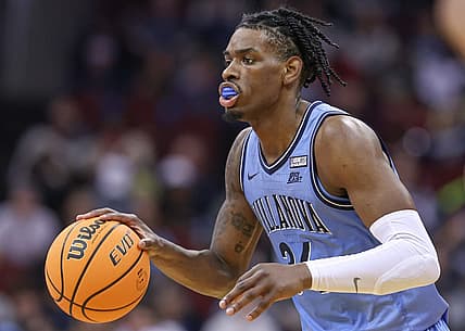 Dec 10, 2022; Newark, New Jersey, USA; Villanova Wildcats forward Brandon Slater (34) dribbles up court against the Boston College Eagles during the second half at Prudential Center. Mandatory Credit: Vincent Carchietta-USA TODAY Sports