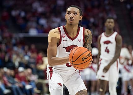 Dec 10, 2022; Tulsa, Oklahoma, USA;  Arkansas Razorbacks guard Nick Smith Jr. (3) during the second half against the Oklahoma Sooners at BOK Center. Arkansas won 88-78. Mandatory Credit: Brett Rojo-USA TODAY Sports