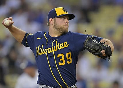 Aug 17, 2023; Los Angeles, California, USA;  Milwaukee Brewers starting pitcher Corbin Burnes (39) throws to the plate in the first inning against the Los Angeles Dodgers at Dodger Stadium. Mandatory Credit: Jayne Kamin-Oncea-USA TODAY Sports