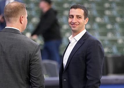 David Stearns on the field in Milwaukee before a game in 2022.