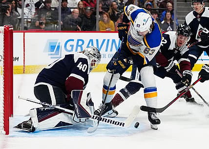 Nov 11, 2023; Denver, Colorado, USA; Colorado Avalanche goaltender Alexandar Georgiev (40) makes a save on St. Louis Blues left wing Jake Neighbours (63) in the first period at Ball Arena. Mandatory Credit: Ron Chenoy-USA TODAY Sports