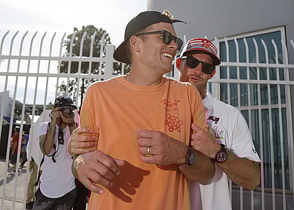Feb 10, 2021; Tampa Bay, FL, USA;  Tampa Bay Buccaneers quarterback Tom Brady (left) and quarterback Ryan Griffin after a boat parade to celebrate victory in Super Bowl LV against the Kansas City Chiefs. Mandatory Credit: Kim Klement-USA TODAY Sports