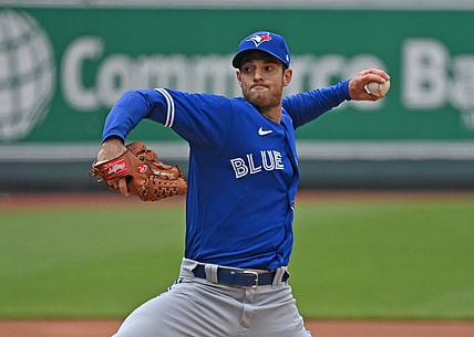 Apr 17, 2021; Kansas City, Missouri, USA;  Toronto Blue Jays starting pitcher Steven Matz (22) delivers a pitch during the first inning against the Kansas City Royals at Kauffman Stadium. Mandatory Credit: Peter Aiken-USA TODAY Sports